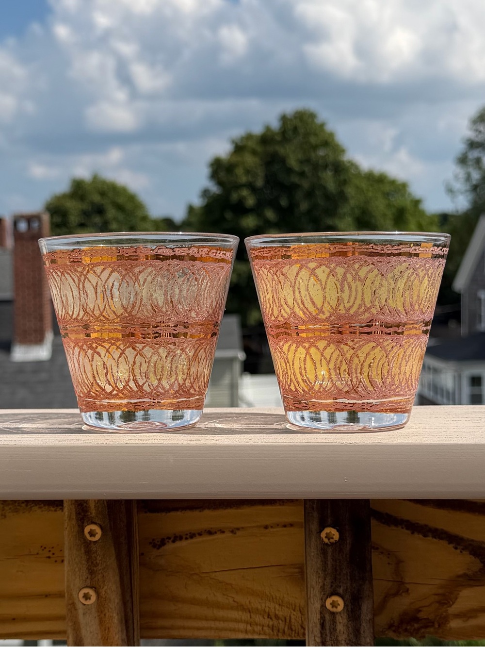Georges Briard Gold Swirl Pink Lowball Glasses, Vintage, MCM